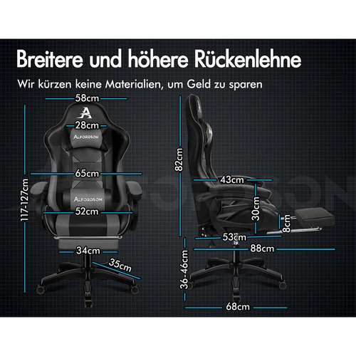 ALFORDSON Gaming Stuhl mit 2-Punkt Massage Bürostuhl mit Fußstütze Grau & Schwar - Bild 9 von 12