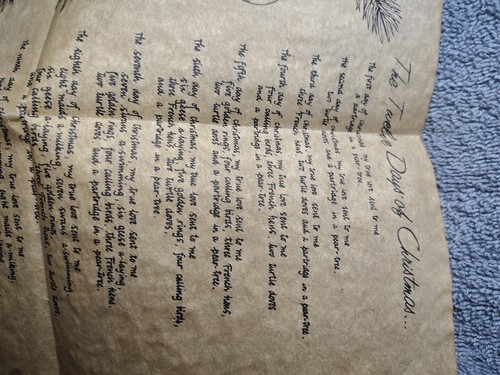 Rare Antique The Twelve Days Of Christmas Poem On Parchment Cotton Paper OOAK - Picture 4 of 11
