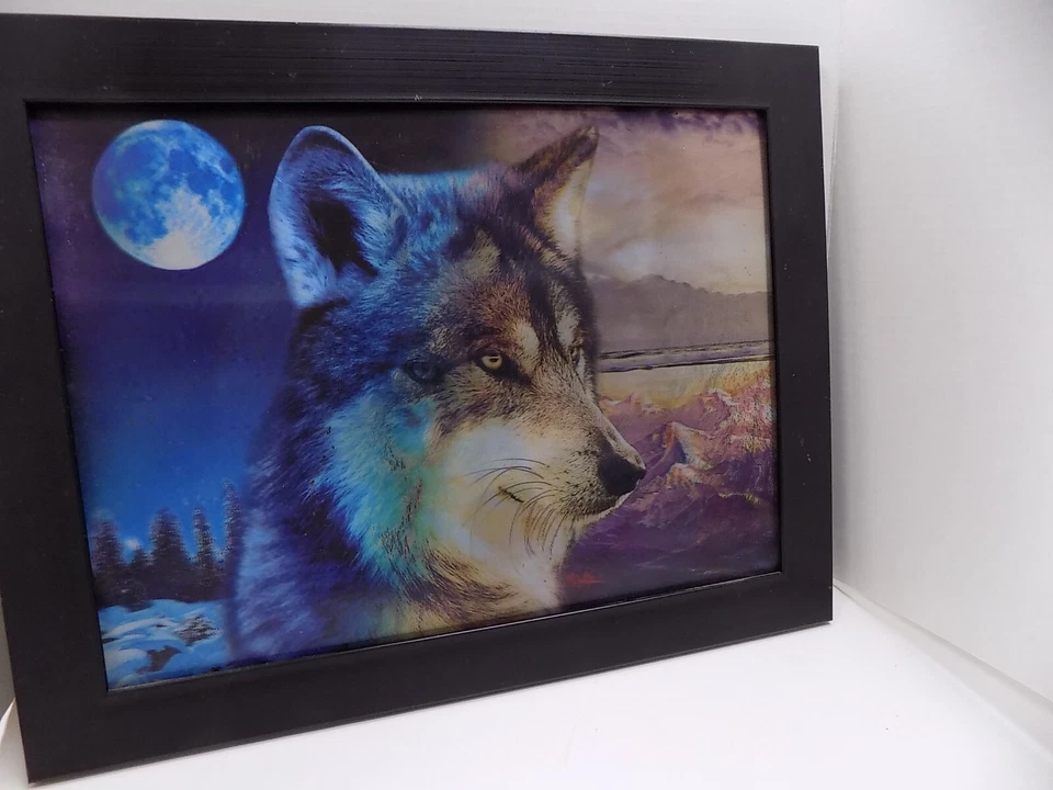 3D Art WOLF in the WILD Picture 4 Poses Full Moon Rockies 11x14 Framed - Image 4 of 4