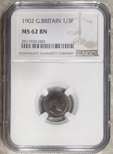 GREAT BRITAIN. 1902, 1/3 Farthing - NGC MS62 - BN KGV, Malta