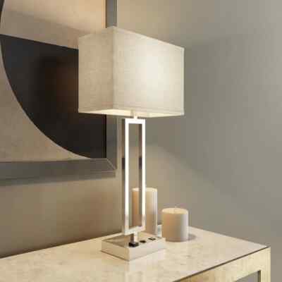 2-Light Bedside Table Lamp With Switches, 2-outlets, 28 inch, Brushed Nickel