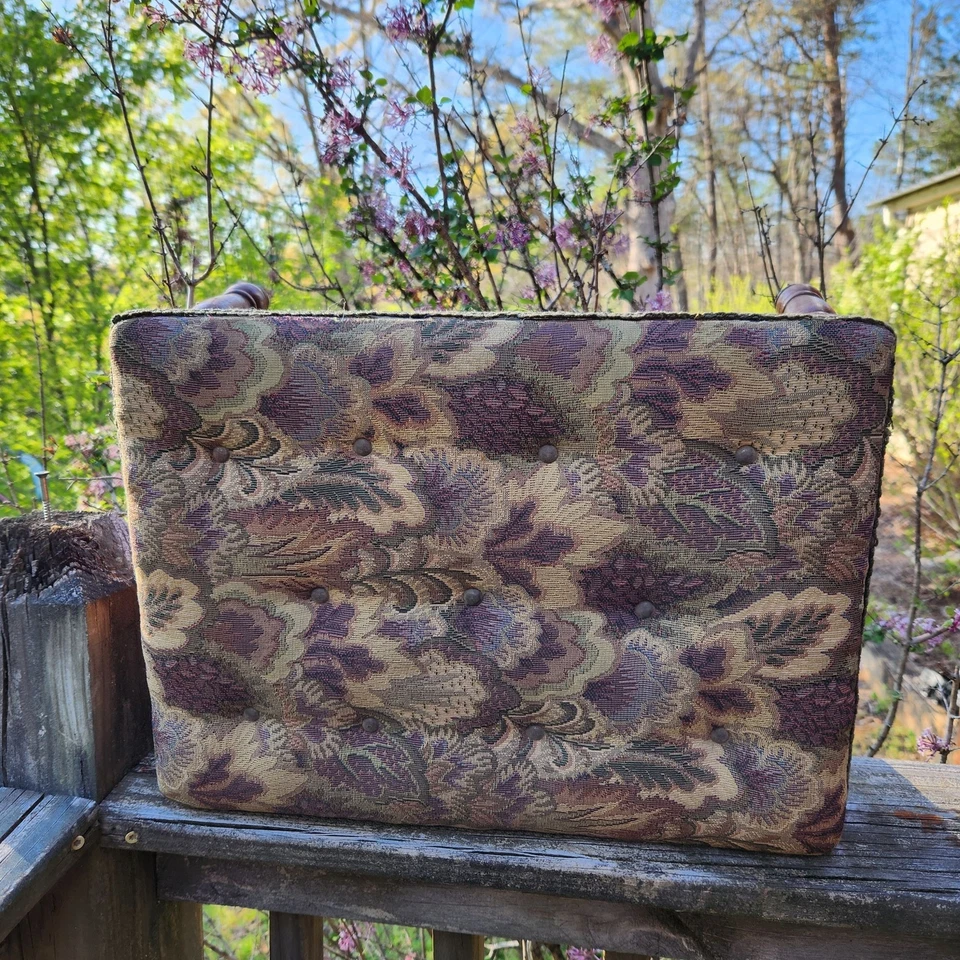 Vintage Wooden Footstool Ottoman With Floral Tapestry Cushion French country Cot - Image 2 of 4