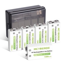 5 Pack 9V Lithium Batteries, 1300mAh Rechargeable 9 Volt Batteries with USB-C...