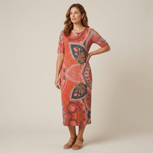 Farm Rio Giannina Knit Midi Dress Orange Paisley Floral Print Size Medium
