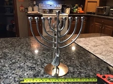 Vintage Rite Lite 9-Candle Hanukkah Menorah Silver Chrome Metal Curved Modernist