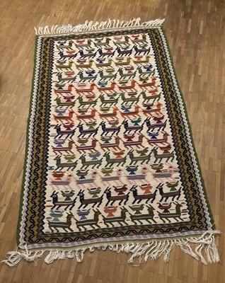 Kelim Teppich mit Tiermotiven   handgewebt   Wolle   Läufer ca. 150x75 cm