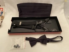 Vintage TUXEDO ACCESSORIES Black Cummerbund Suspenders Bow Tie 4 Studs