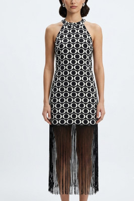 Calzedonia Cobey Womens Black White Geometric Fringe Hem Halter Neck Dress S