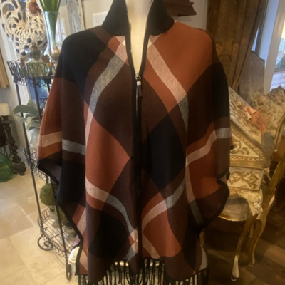#ad Rachel Zoe Plaid Fringe Shawl Wrap Brown Black Gray Rust for Women $25.00