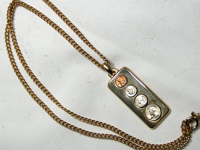 Vintage Gold Tone, Mixed Metals ''SMALL CHANGE'' Pendant Necklace