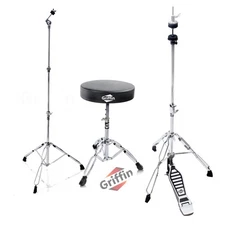 GRIFFIN 3-PACK Hi-Hat Pedal, Drum Throne, Cymbal Stand | Percussion Mount Holder