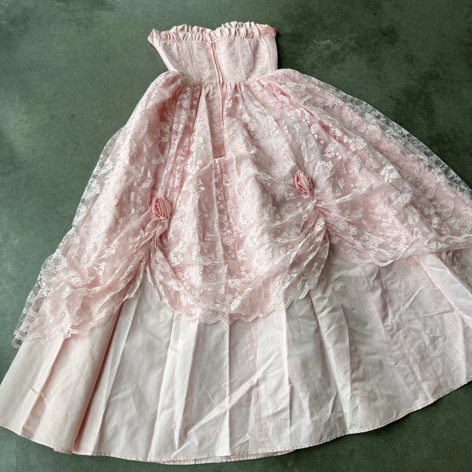 Vestido rosa vintage años 60 encaje fiesta formal vestido rosa hecho a mano graduación sin tirantes Foto 4 de 4