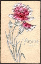 LE393 Greeting french postcard: vintage Embossed flower with thick metallic foil