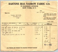 1927  New York City  Bartons Bias Narrow Fabric Co. Receipt  8" x 7"