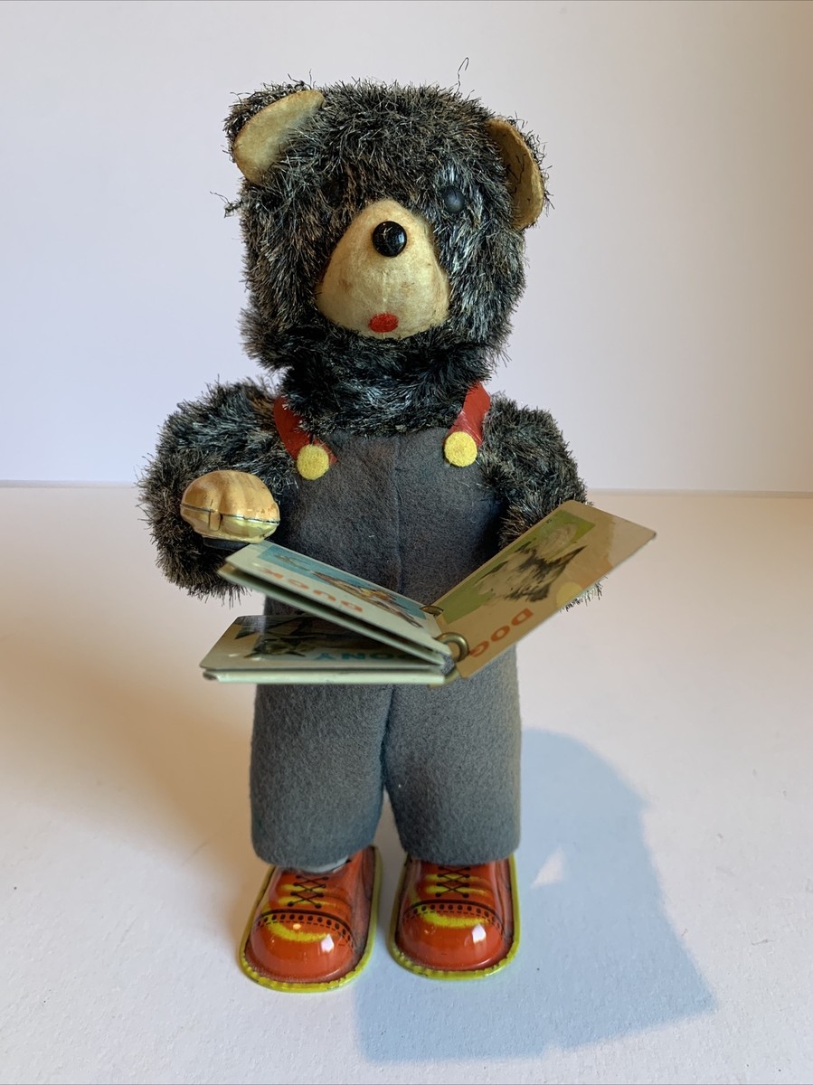 VINTAGE 1960s CUBBY THE READING BEAR MECHANICAL WIND-UP TIN