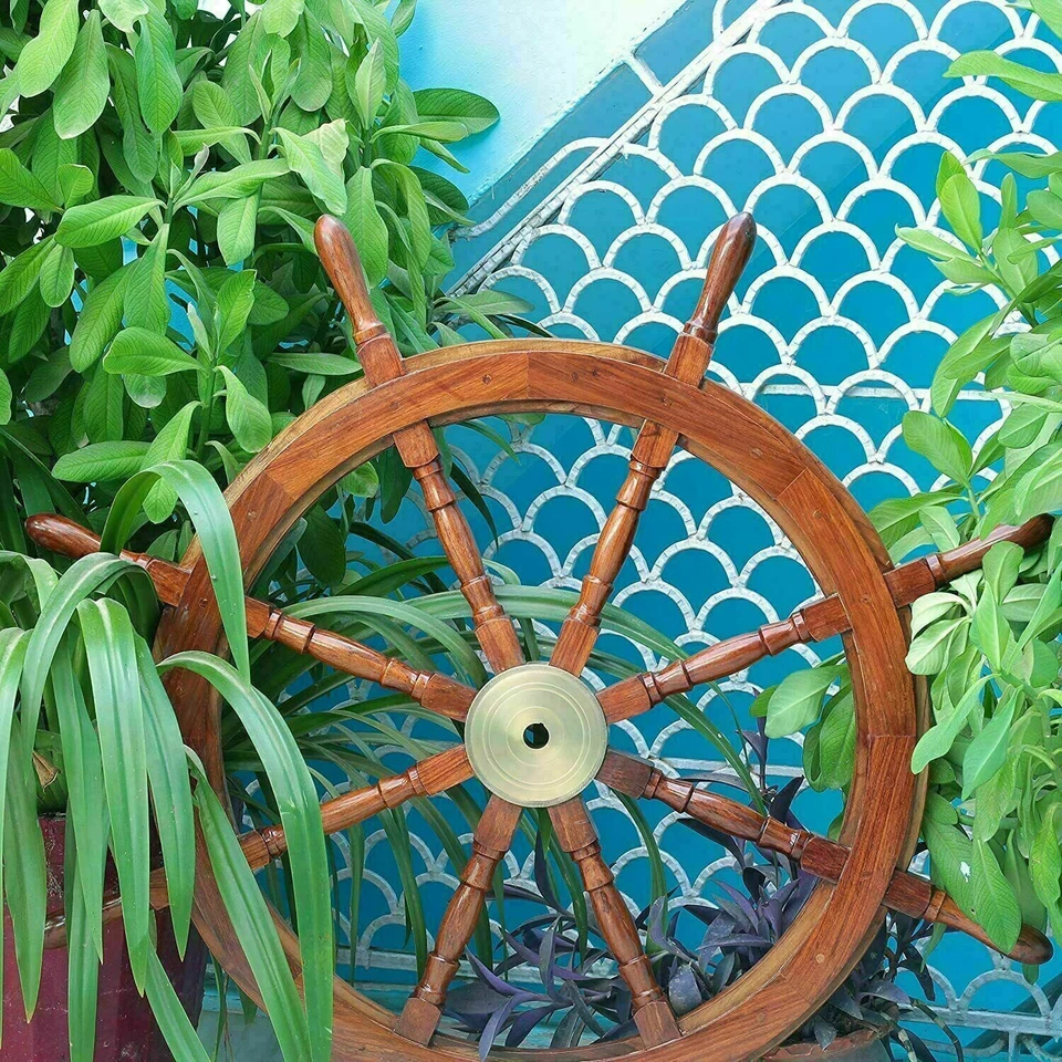 36 Inch Antique Teak Brass Nautical Pirate Ship's Big Steering Wheel Wooden Gift - Image 3 of 4
