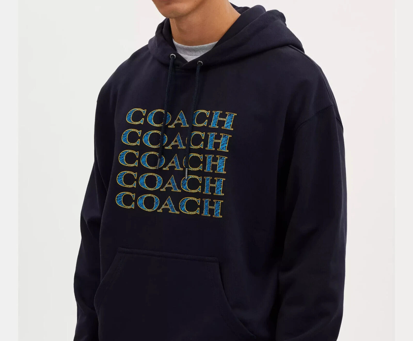 Coach Felpa con Cappuccio Uomo Navy Logo Signature Stack (CM828) Taglia XL Nuova con etichette