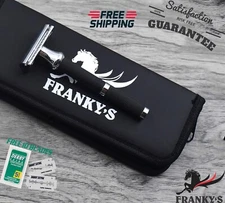 DOUBLE EDGE BUTTERFLY OPEN SAFETY RAZOR FOR MEN WOMEN + 10 SHAVING BLADES BLACK