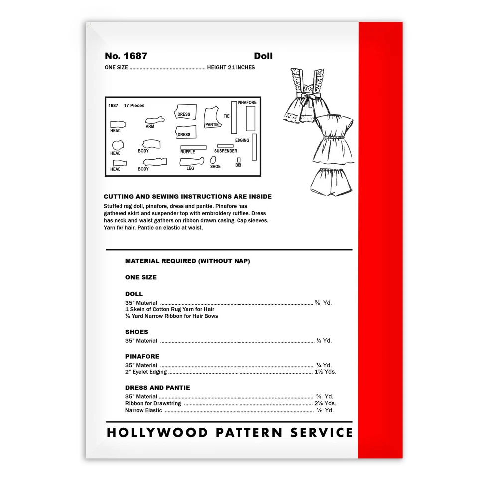 HOLLYWOOD Doll Pattern 1687 Pinafore Dress Pantie Rag Cloth Fabric Sewing 21” - Image 2 of 2