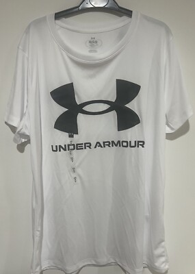 NWT Under Armour Women's Layered Logo Loose Fit White T-Shirt Size L