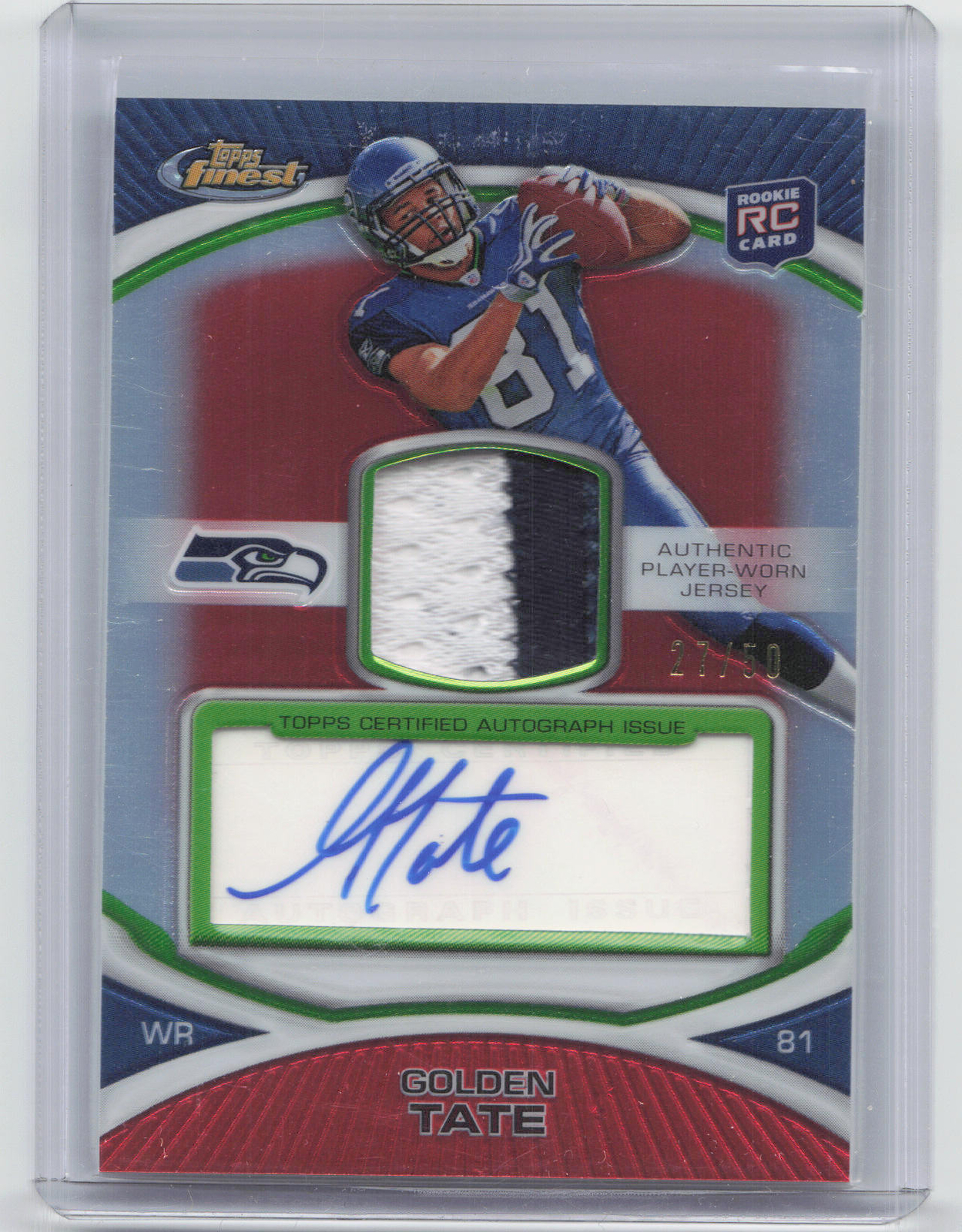 2010 Topps Finest #65 Golden Tate RC Red Refractor Patch Auto #27/50