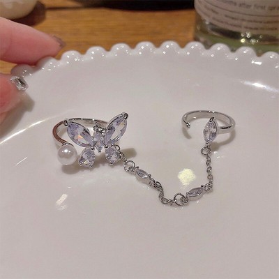 Doppelfingerkettenringe für Frauen Ring Set Quasten Schmetterling Zirkon Ring 