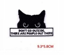 Don't Go...People Out There Cute Scared Black Cat Iron-On Embroidered Patch