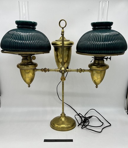 Victorian Emerald Green Ribbed Brass Double Student Lamp 1870's- Electrified - Bild 6 von 14