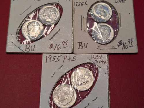 Lot of 6 Silver BU Roosevelt Dimes 10c 1955P  & 1955S Key Dates 250155