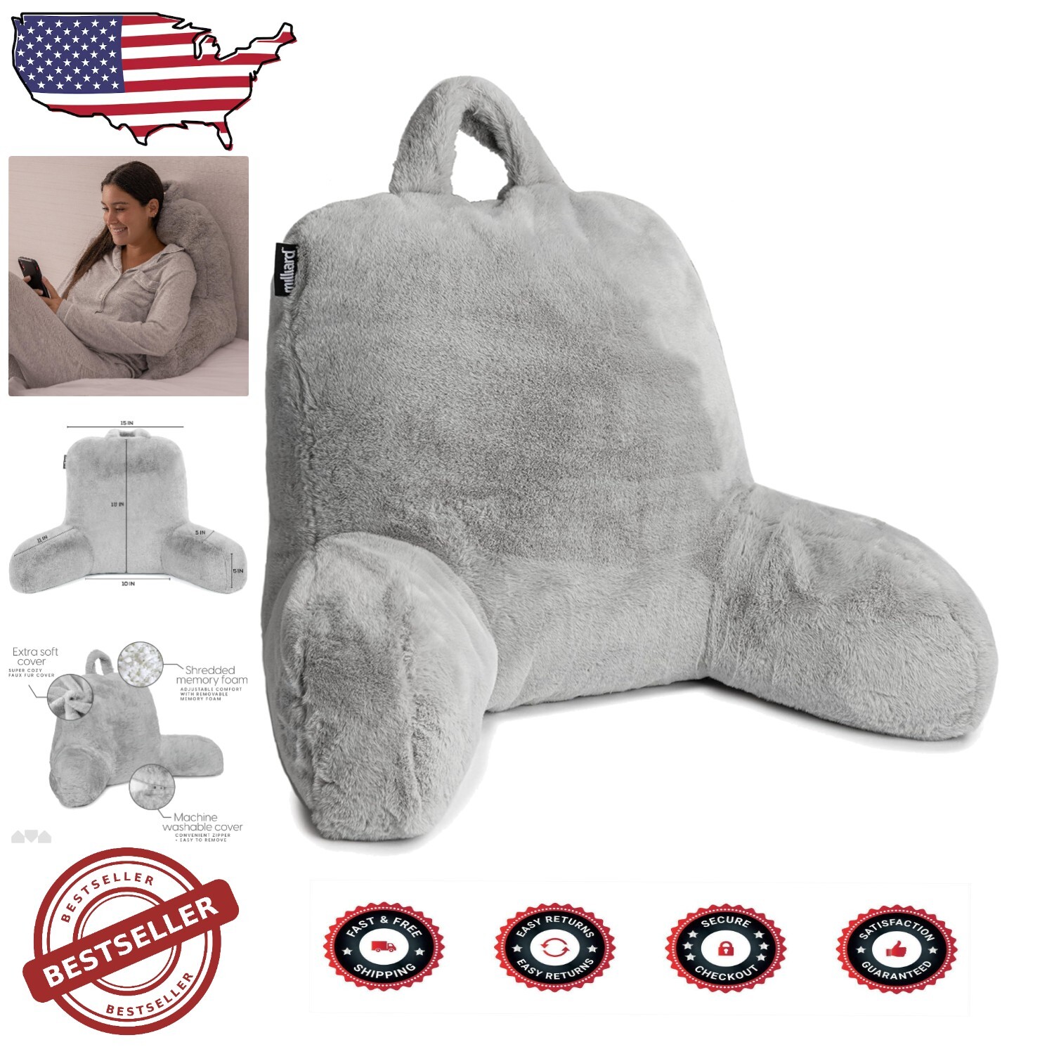 L-Shaped Grey Memory Foam Reading Pillow with Removable Faux Fur Cover