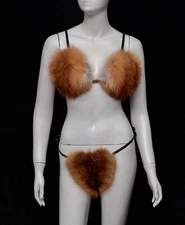Genuine Fox Fur Bra Bikini Panties Sexy Set + Detachable Fox Tail