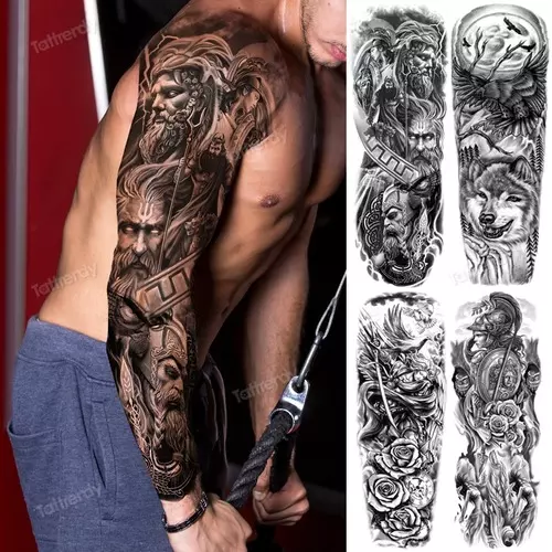 Men Large Full Arm Sleeve Tattoo Amazing Temporary Tattoos God Wolf Moon  Dragon