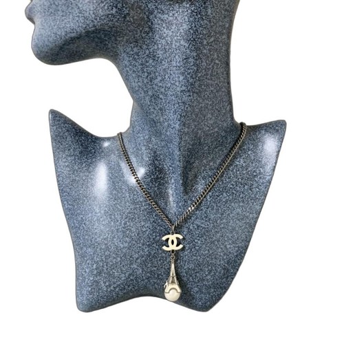 CHANEL Necklace Coco Mark Eiffel Tower Pearl Rhinestones Black Silver Logo Women