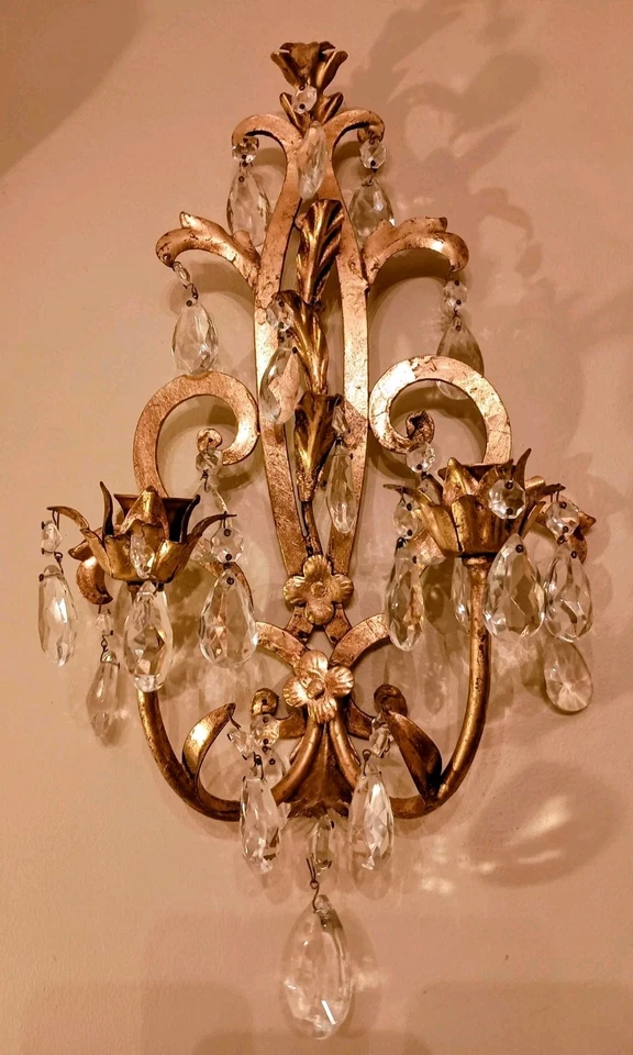 2 apliques de velas antiguos de cristal y hoja de oro pintado - flor y hojas, 2 brazos Foto 3 de 3