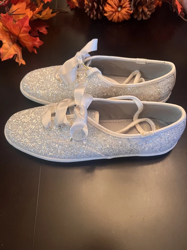 Keds Kate Spade Champion Glitter 🤍 Sneakers US 8.5, white Satin Ribbon NEW - Image 3 of 4