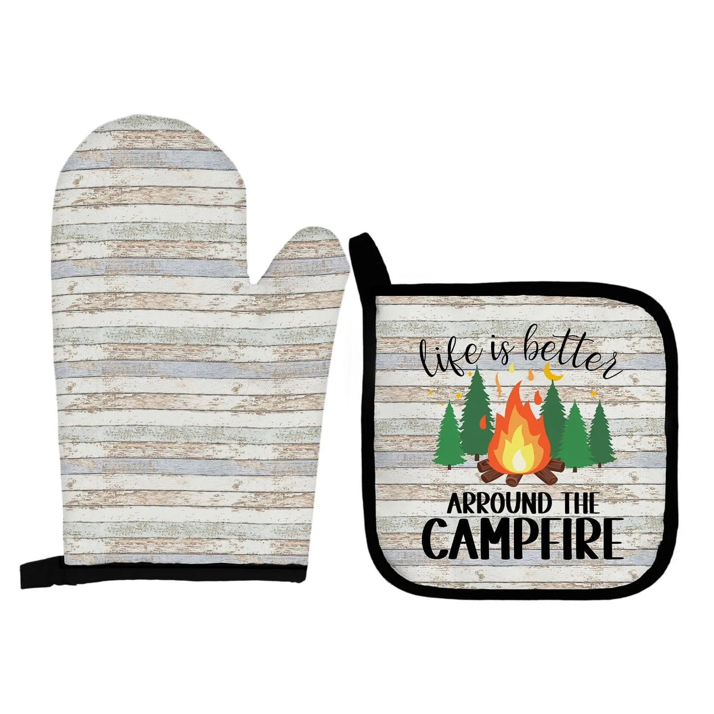 Camping Oven Mitts and Pot Holders Set, Polyester, 100%, Black, White, 10.5 x...