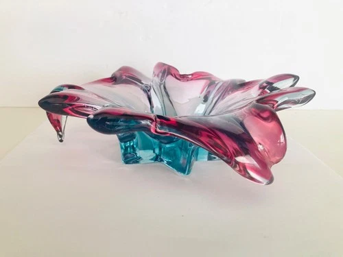 Beautiful Vintage Mid Century Murano Blue-Pink Pulled Glass Dish / Bowl  Italy