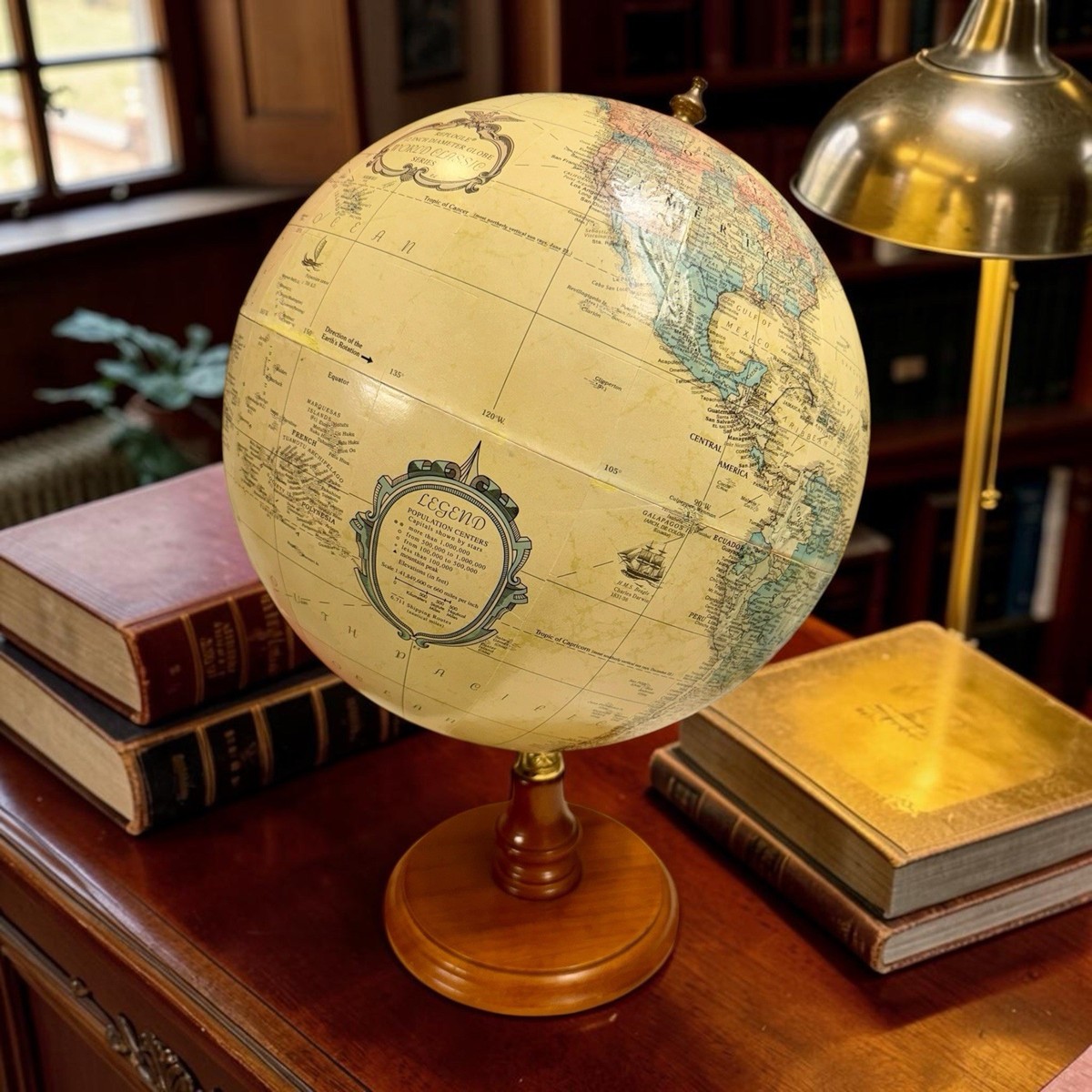 Vintage Replogle 12” World Classic Globe Wood Brass Stand 17” Tall