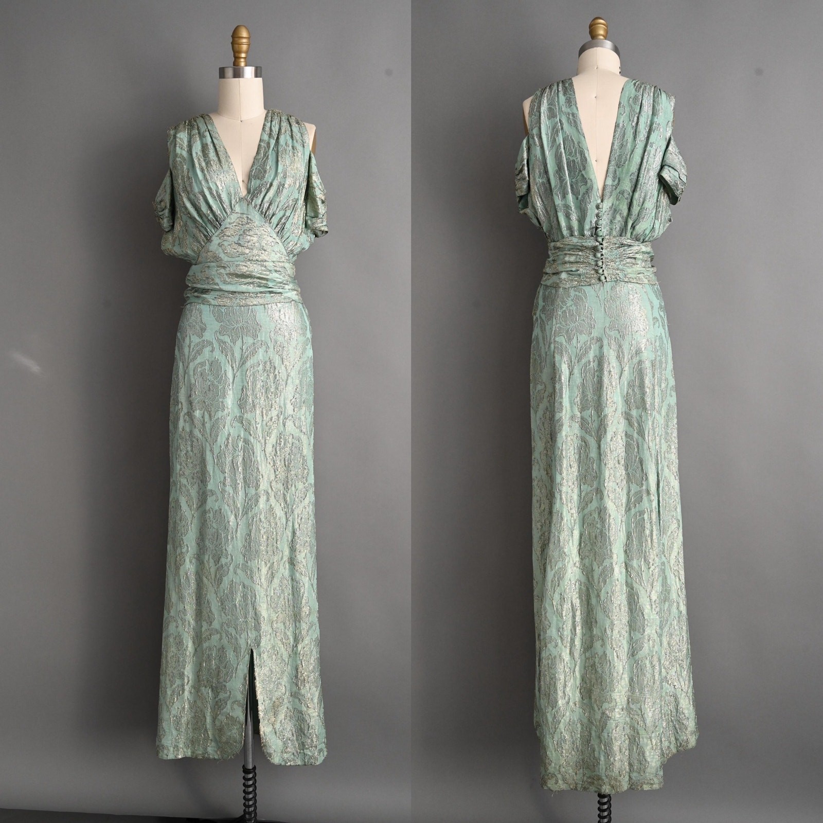 Vintage 1930s Dress | Rare Antique Mint Green Silver Lamé Party Gown | XS Small image 2
