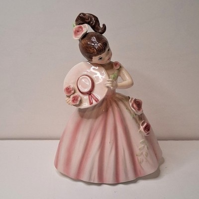 Vintage Enesco Lady Figurine Pink Dress Large Rose Hat Ponytail
