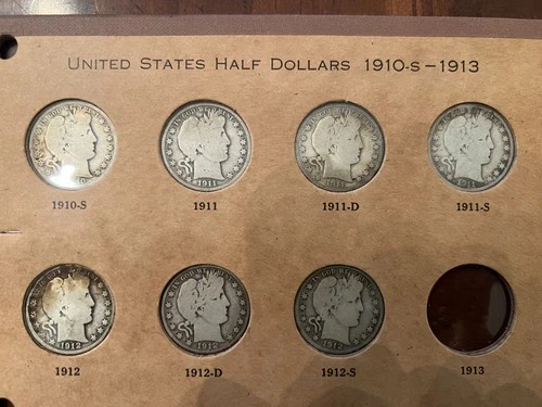 Barber Half Dollars - Lot of 7 (1910-1912) - in Whitman Album Page - No Reserve
