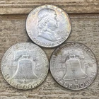 3x 90% Silver Franklin Half Dollar Coins, Rainbow Toning - 1949, 1952, 1953
