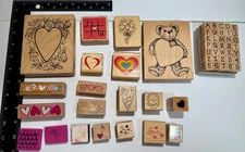 LOT OF  54  WOOD RUBBER STAMPS- LOVE, HEARTS, ALPHABET- MANY BRANDS AND SIZES