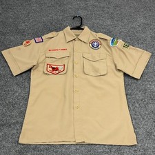 Boy Scouts of America Uniform Shirt Youth Large Tan Polyester Patches Outdoor