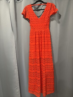 NWOT Bebe Crochet Flutter Sleeve Deep V-Neck Maxi Dress Summer Red Womens  Size 0 | eBay