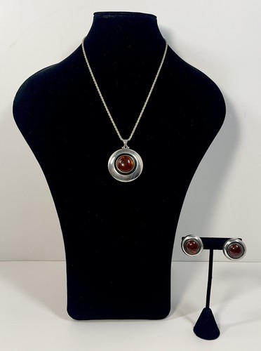 N. E. From Denmark Sterling Silver Amber Pendant Necklace & Clip Earrings Set - Picture 2 of 24