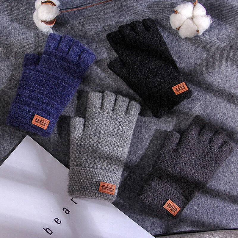 Winter Alpaca Wool Fingerless Gloves Thermal Mens Knitted Half Finger Mittens AU - image 2 of 4