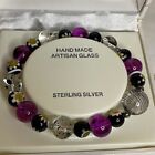 Sterling Silver Bracelet Purple Floral Hand Made Artisan Glass Bead &