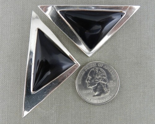 Modern Mexico 925 Sterling Silver Triangle Black Onyx Clip On Earrings - Picture 4 of 5