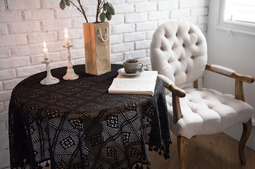 Black Vintage Cotton Crochet Lace Tablecloth Dining Kitchen Table Cover Party - Picture 4 of 29